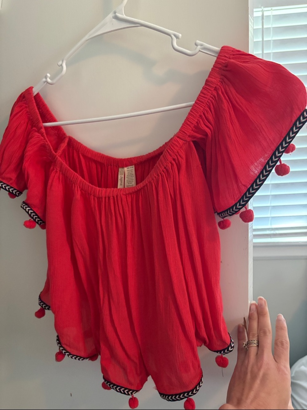 Japna Red Off-Shoulder Pom Pom Crop Top